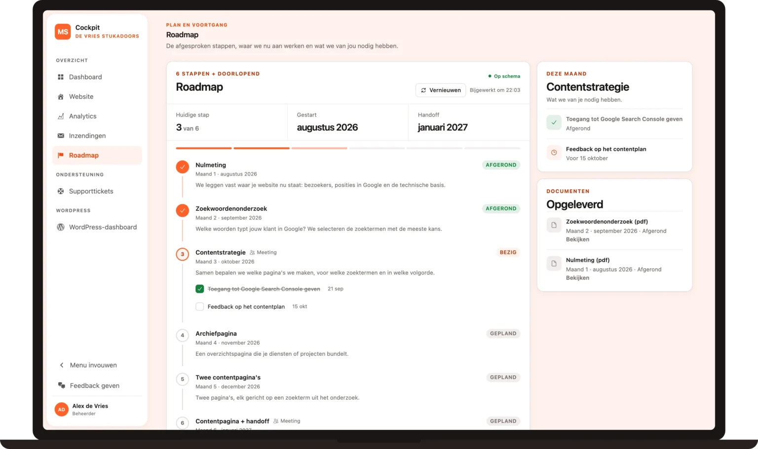 De SEO-roadmap in het dashboard: afgeronde en geplande stappen per maand