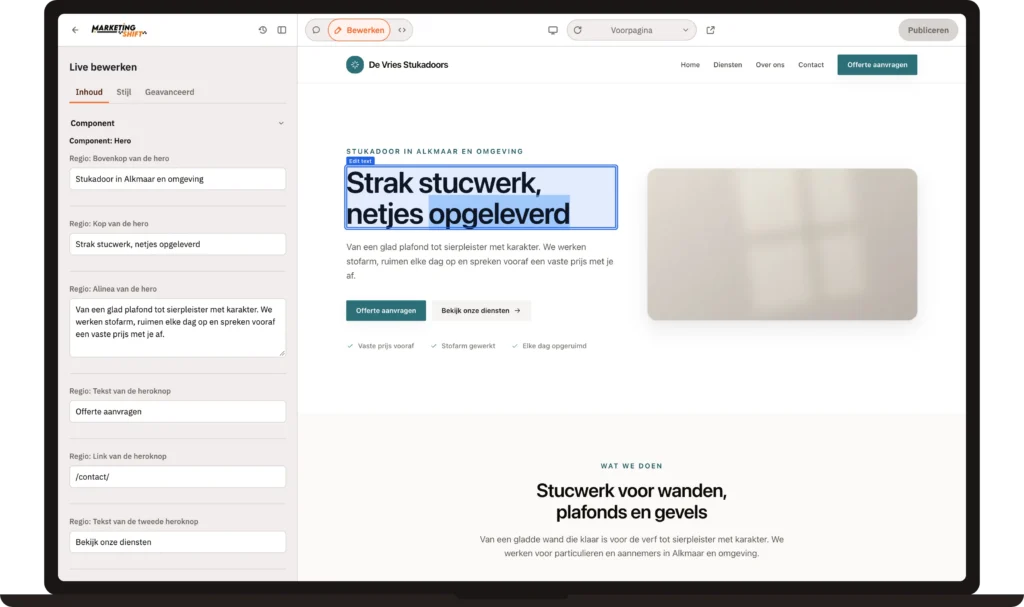 Een tekst direct op de pagina aanpassen