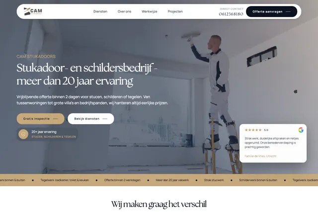 Website van CAM Stukadoors, ontworpen door Marketing Shift